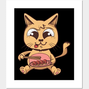 Cute Cat Eating Sushi Posters and Art